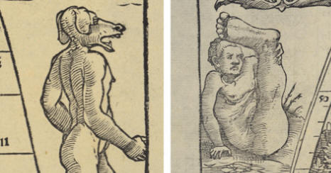Map details of monster images showing a human man'sbody with the head of a dog; and a seated man with one leg and a giant foot extended upwards.