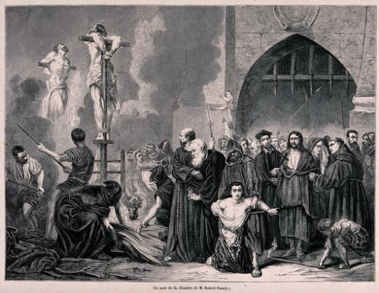 An auto-da-f� of the Spanish Inquisition and the execution of sentences by burning heretics on the stake in a market place. Wood engraving by Bocort after H.D. Linton.